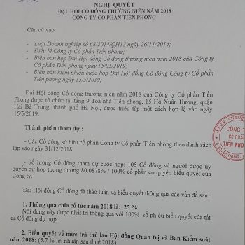 Nghị quyết đại hội cổ đông thường niên năm 2018 Công ty cổ phần Tiền Phong